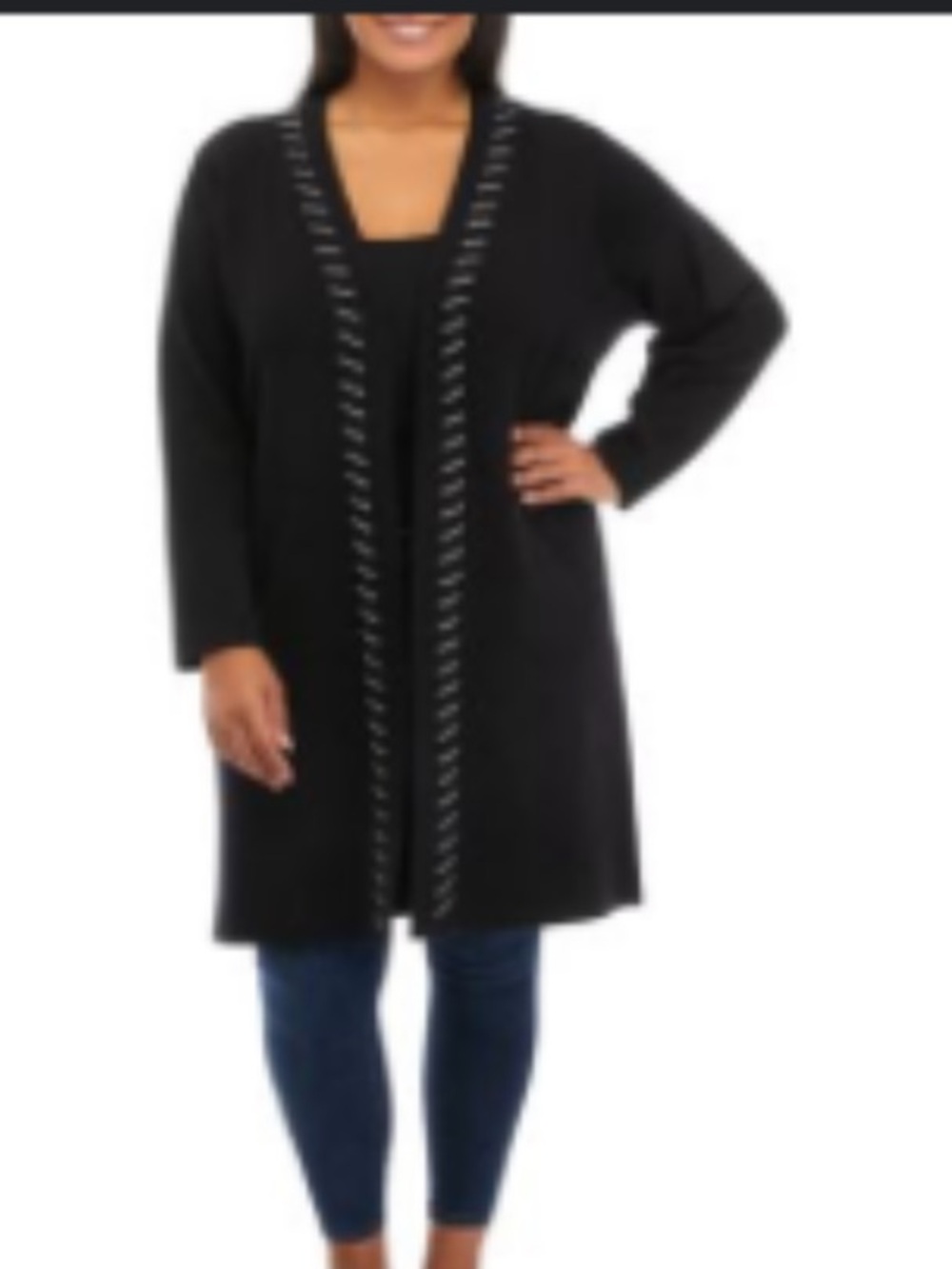 T Tahari Black Long Open-Front Cardigan with Contrast Stitching